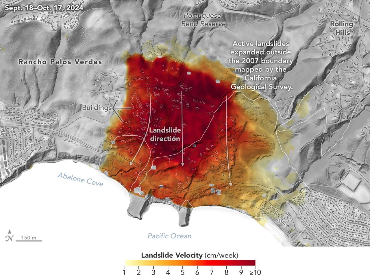 NASA UAVSAR radar image of the Palos Verdes Peninsula with the landslide complex color-coded by speed — darkest reds mark the fastest movement, arrows show horizontal motion direction, and white lines mark the 2007 California Geological Survey active landslide boundaries.